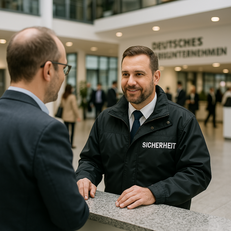 Zwei Männer im Gespräch in der Lobby eines Unternehmens mit Empfangstresen.
