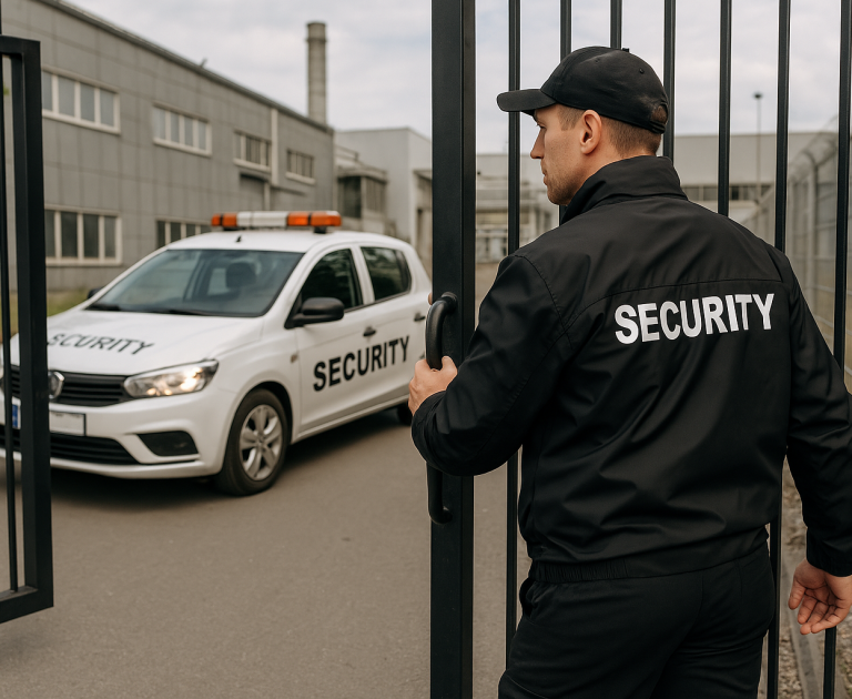 Sicherheitsmitarbeiter öffnet das Tor, während ein Sicherheitsfahrzeug im Hintergrund parkt.