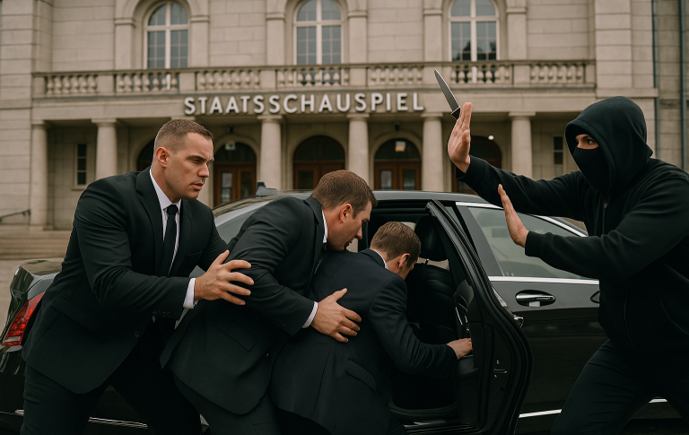 Sicherheitskräfte schützen eine Person beim Einsteigen in ein schwarzes Auto.