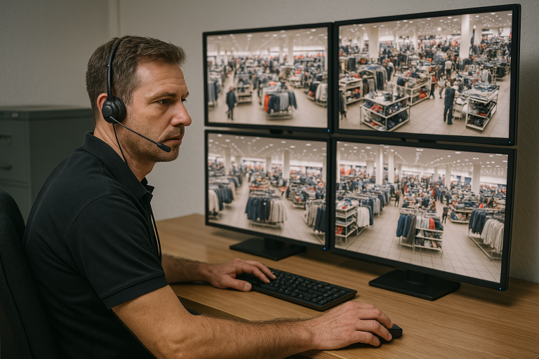 Ein Mann mit Headset überwacht mehrere Bildschirme in einer großen Produktionshalle.