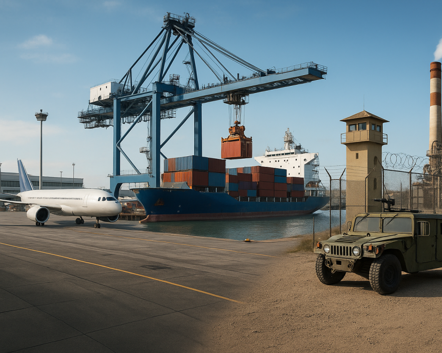 Kran entlädt Container von einem Schiff neben einem Flugzeug und einem Militärfahrzeug.