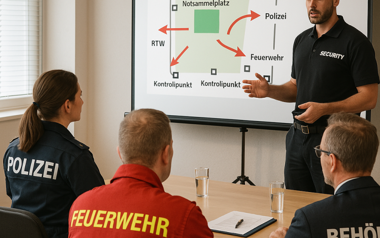 Mann hält Präsentation vor Team in Dienstkleidung von Polizei und Feuerwehr.