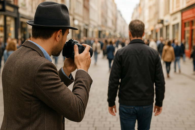 Mann mit Kamera fotografiert eine Person, die durch eine belebte Straße geht.