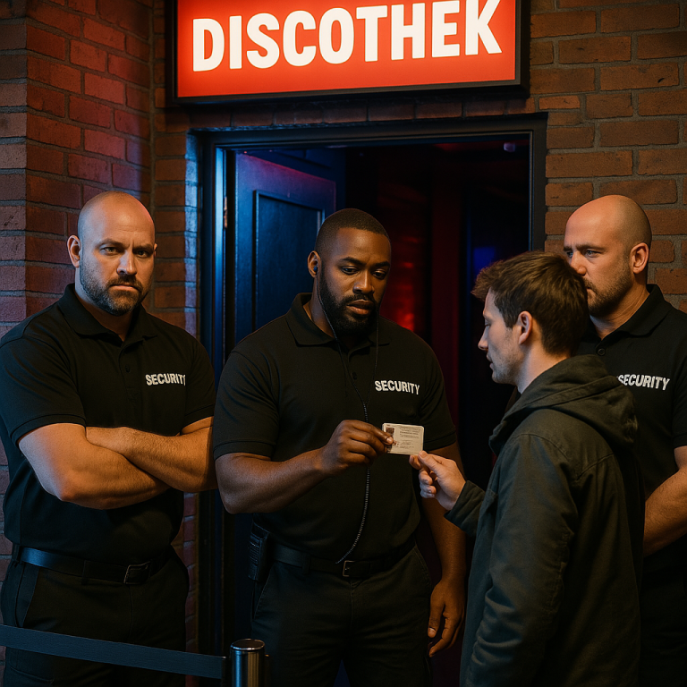 Ein Mann zeigt den Türstehern am Eingang zur Discothek seinen Ausweis.