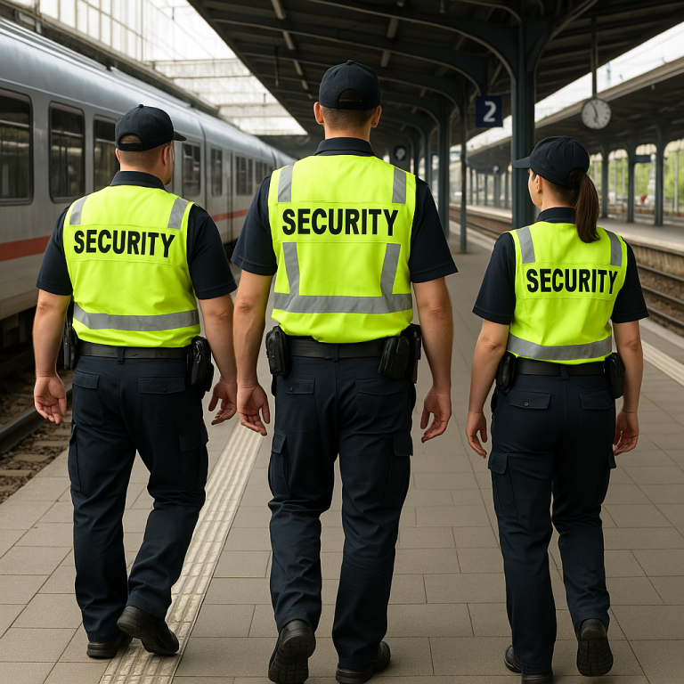 Drei Sicherheitsmitarbeiter in gelben Westen gehen am Bahnsteig.